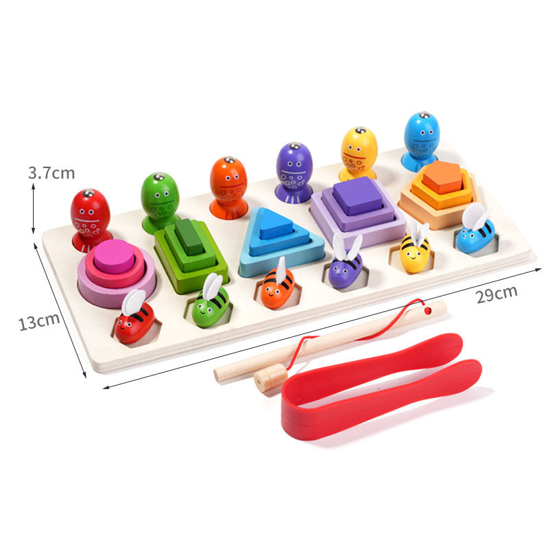 Wooden three in one magnetic clip bee set pillar for children's early education puzzle geometry cognition matching building block toy 🇨🇳