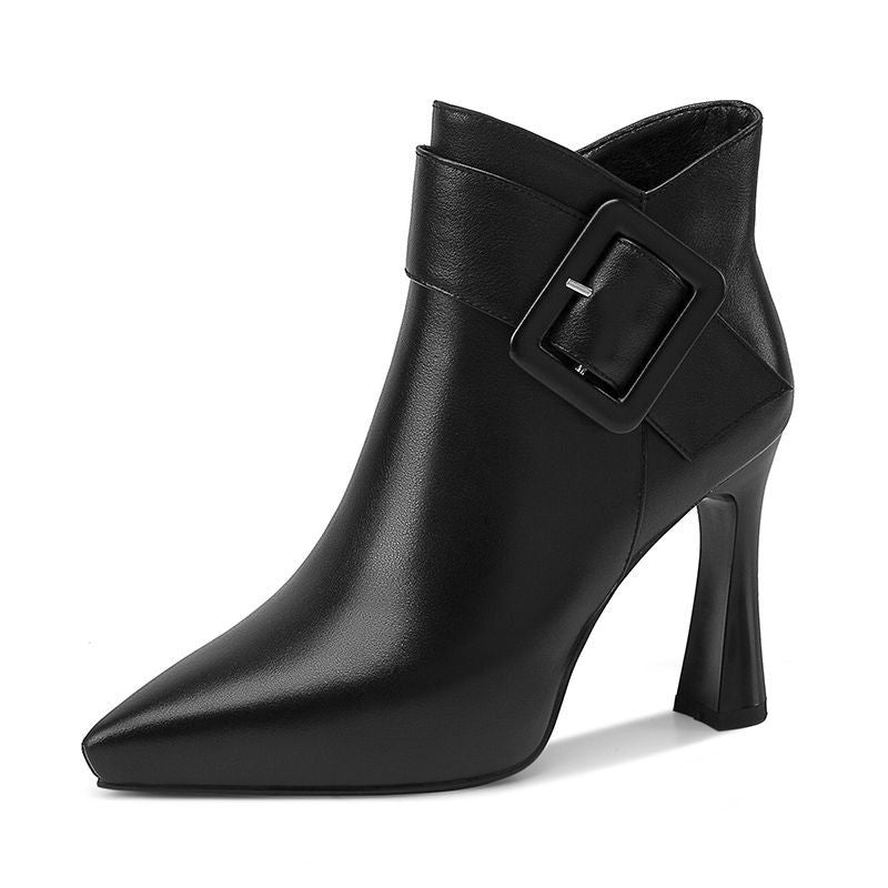 Faux Leather Pointed Toe High Heel Ankle Boots with Buckle Detail 🇨🇳