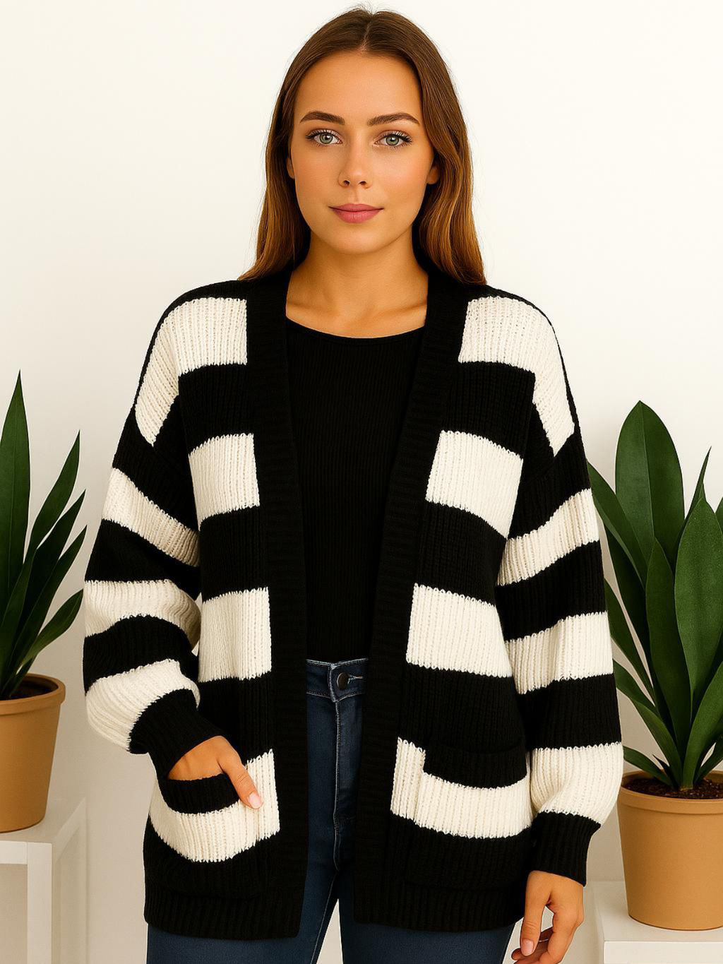 Knitted Stripped Balloon Sleeve Cropped Cardigan 🇬🇧