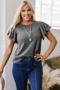 Dark Grey Layered Ruffle Short Sleeve Round Neck Top 🇨🇳