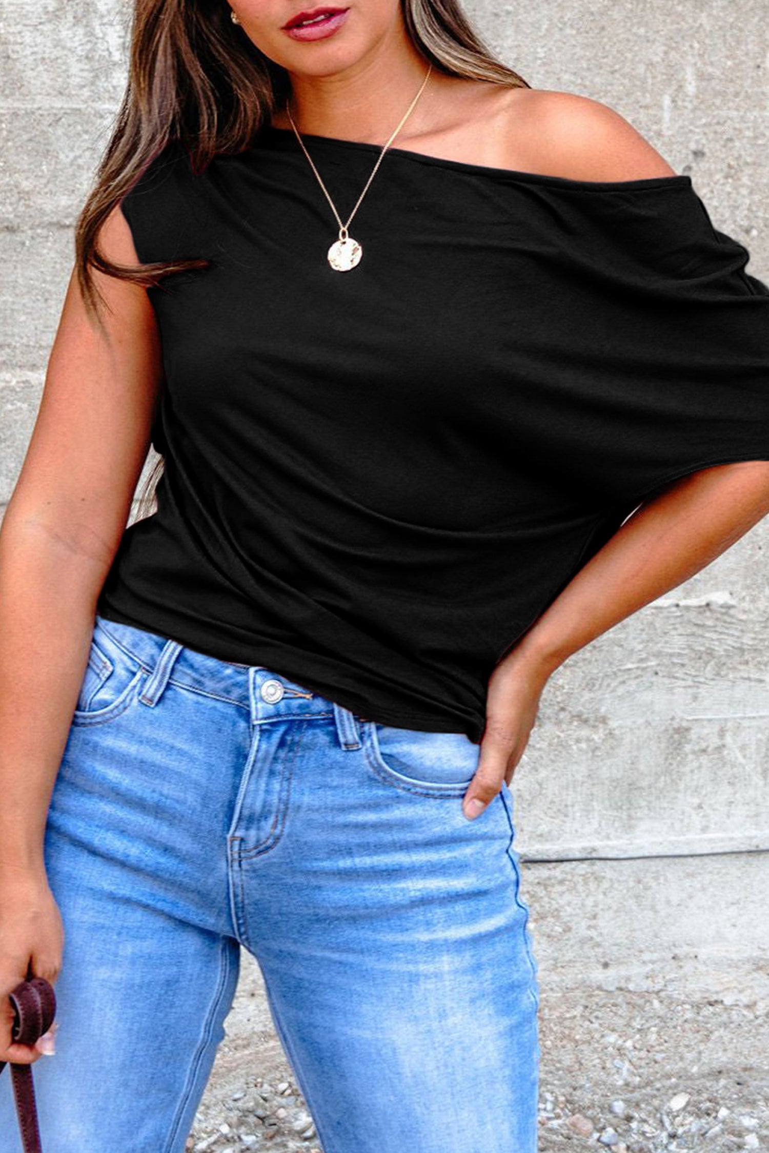 Black Plus Size Solid Color Asymmetric Neck Short Sleeve Blouse 🇺🇸