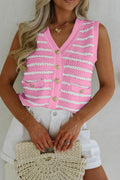 Pink Stripe V Neck Gold Buttons Elegant Sweater Vest 🇺🇸