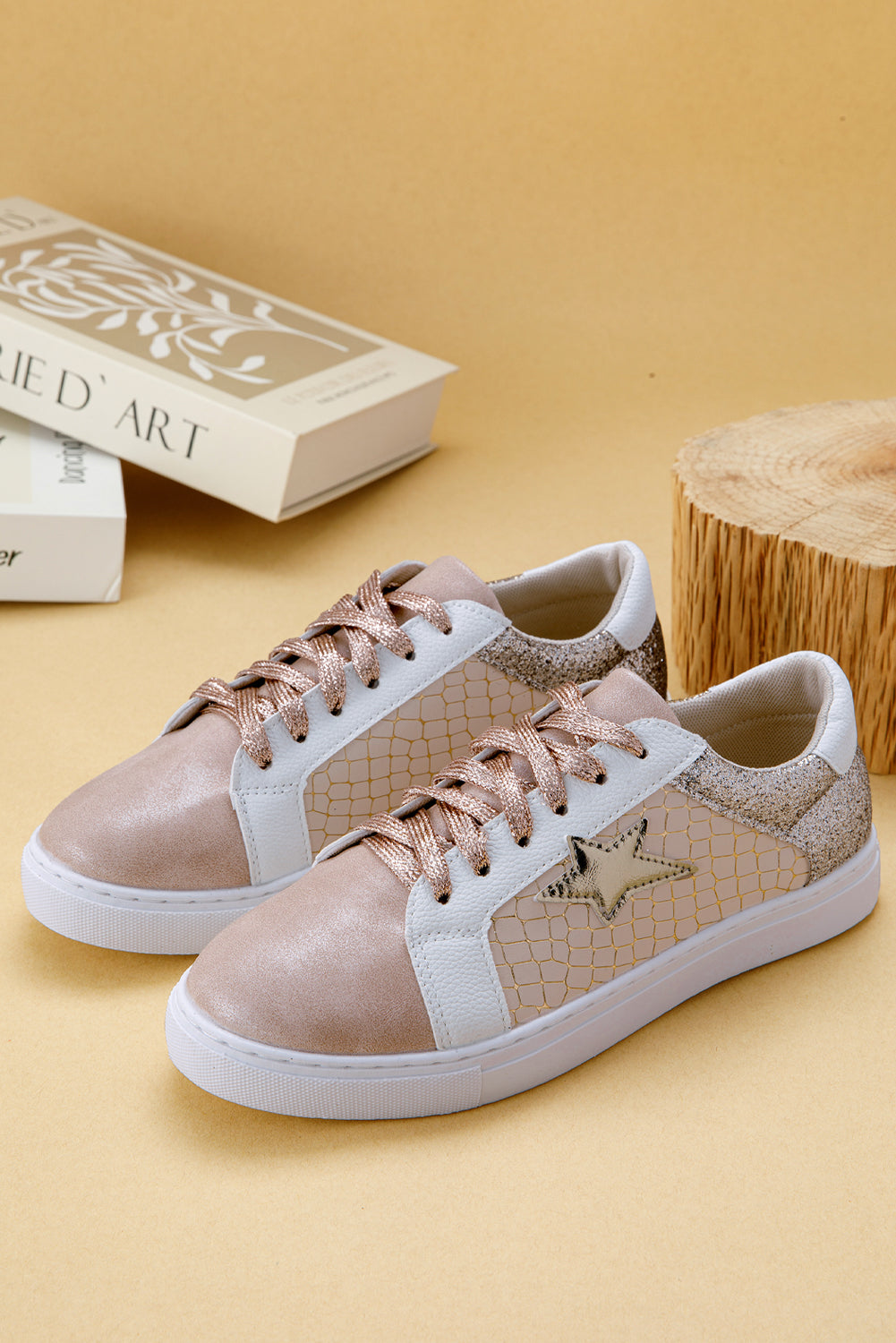 Gold Glitter Star Patchwork PU Leather Lace-up Sneakers 🇺🇸