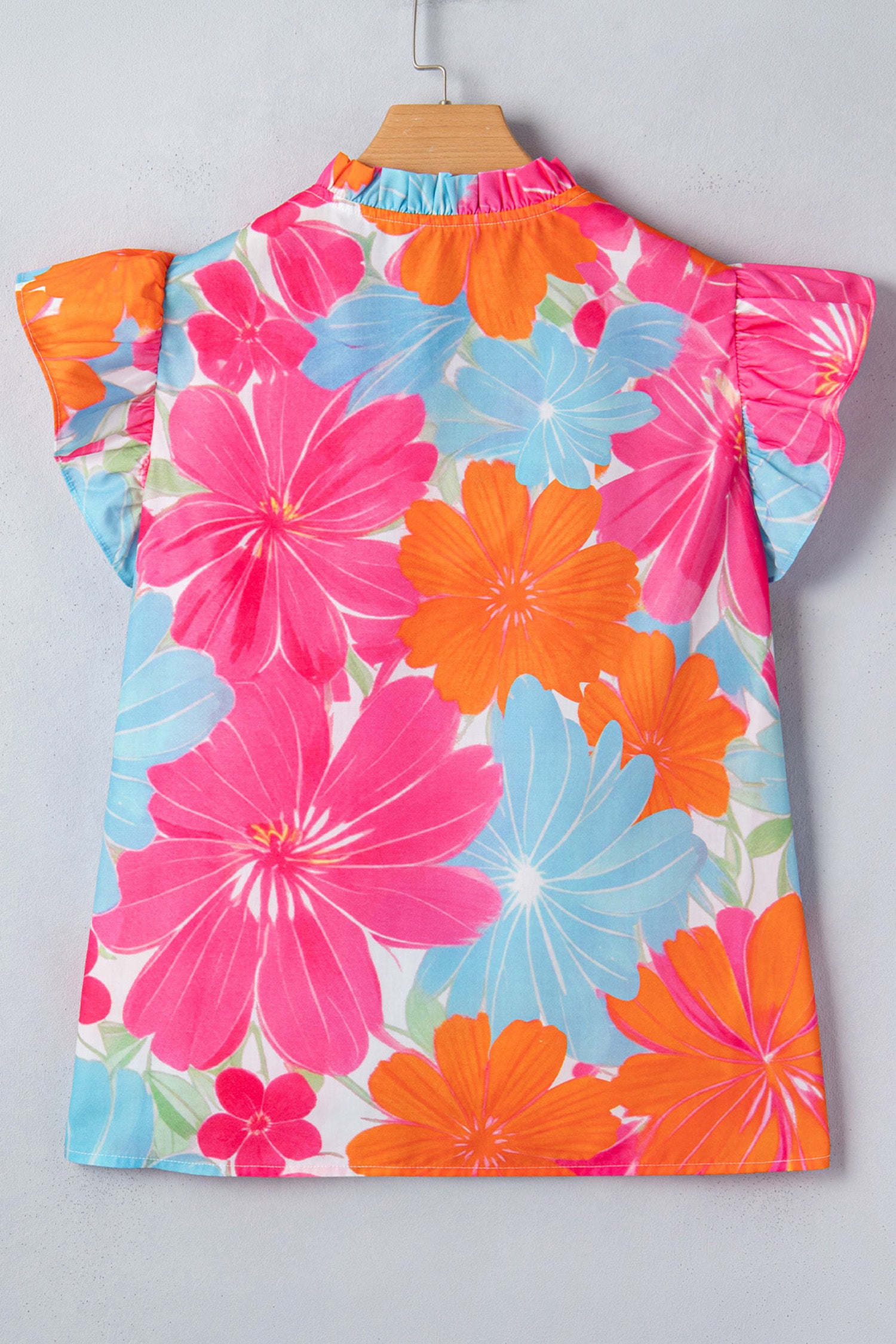 Multicolour Vibrant Flower Printed Tie V Neck Ruffle Trim Sleeveless Blouse 🇺🇸