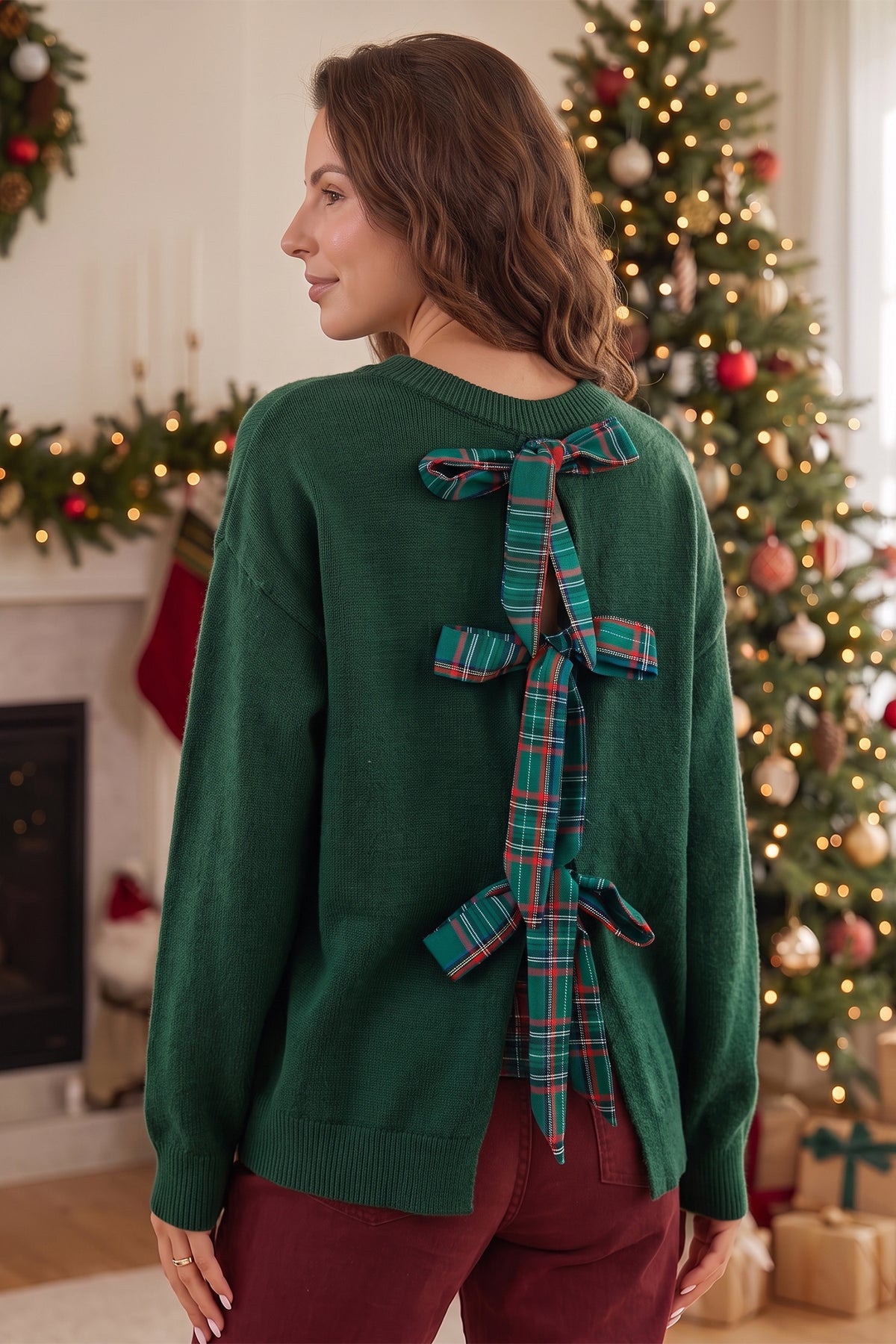 Blackish Green Plaid Bow Detail Drop Shoulder Christmas Sweater 🇺🇸