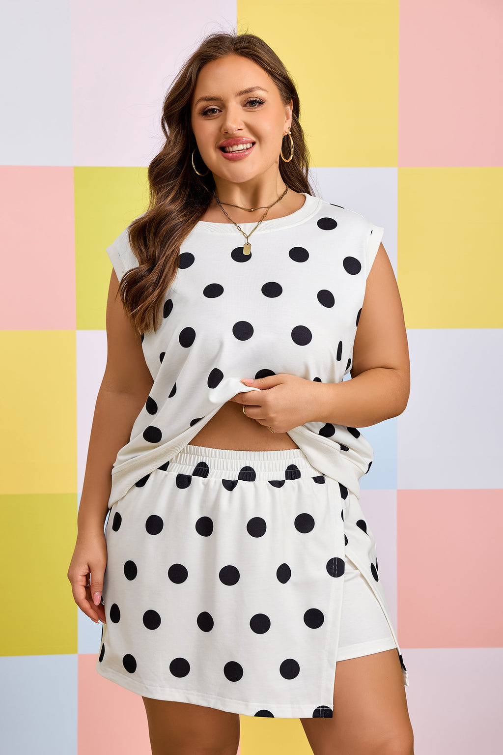 White Plus Size Polka Dot Printed Tank Split Skort 2pcs Outfit 🇺🇸