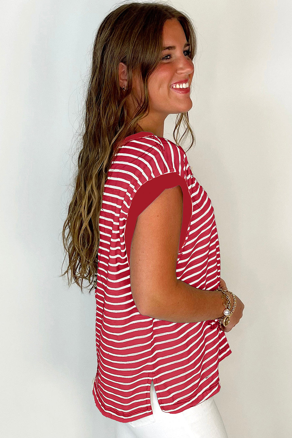 Red Stripe Chest Pocket Patch Round Neck Tank Top 🇨🇳
