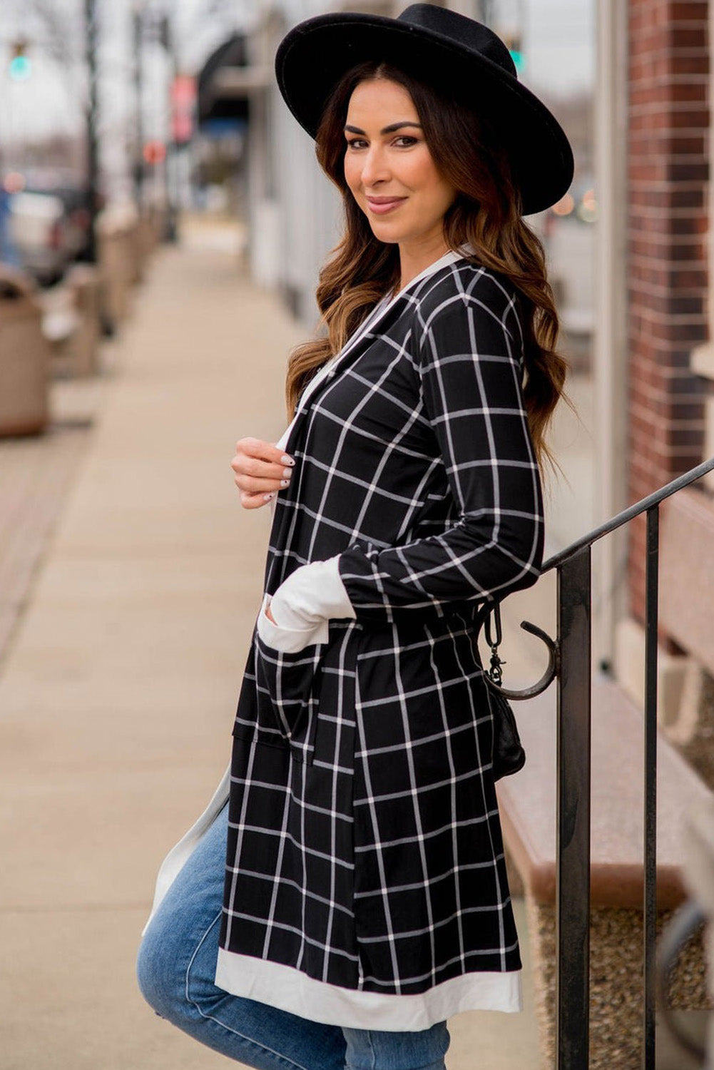 Black Plaid Colorblock Edge Open Cardigan with Pocket 🇨🇳