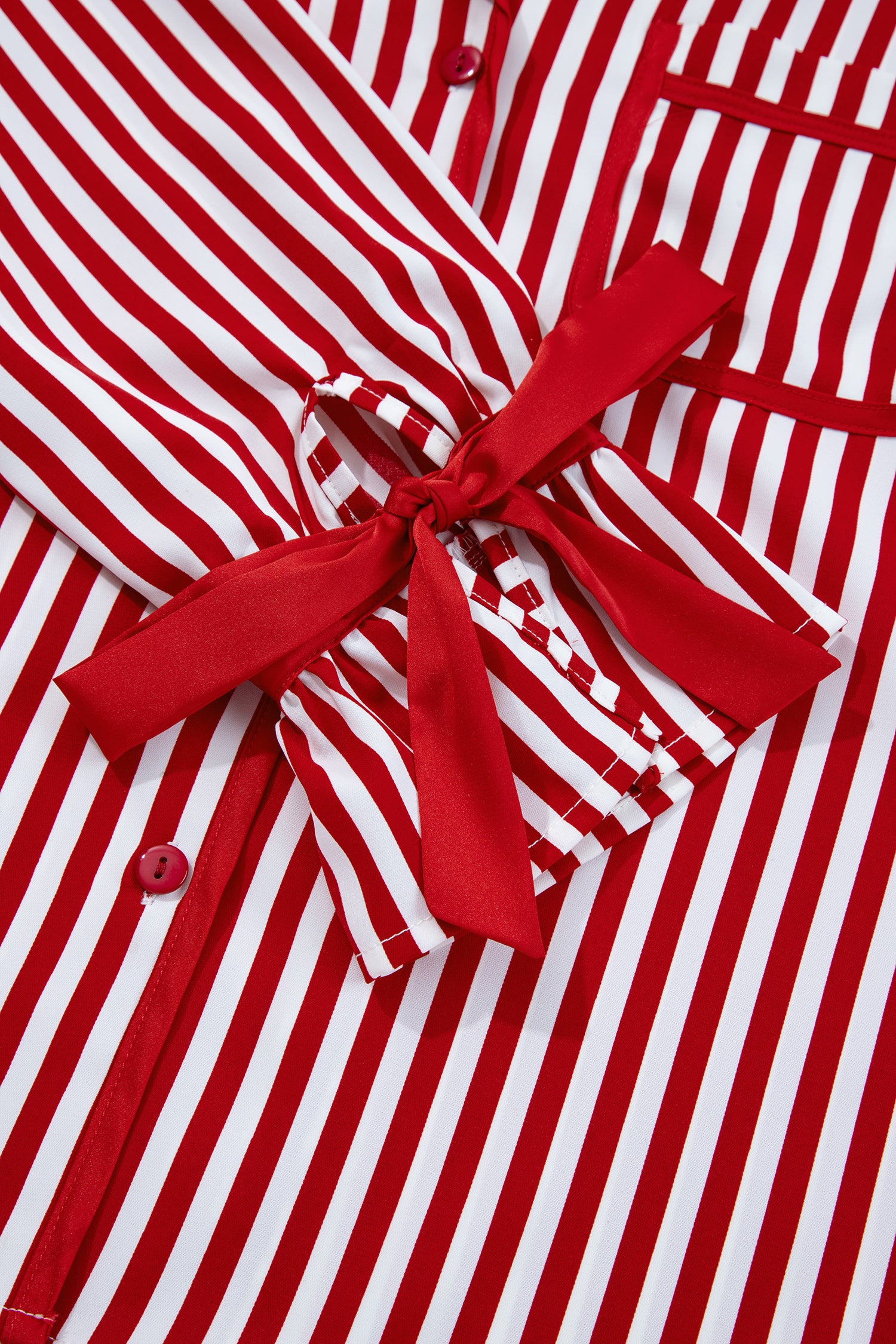 Red Stripe Contrast Velvet Trim Bow Knot Waist 2pcs Pajama Set 🇺🇸