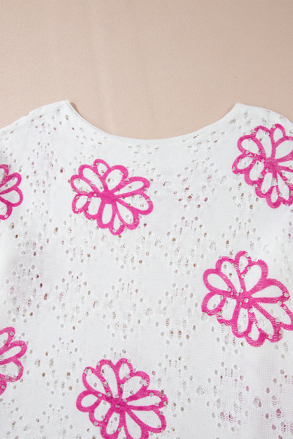 White Contrast Flower Print Eyelet Drop Shoulder Sweater 🇨🇳
