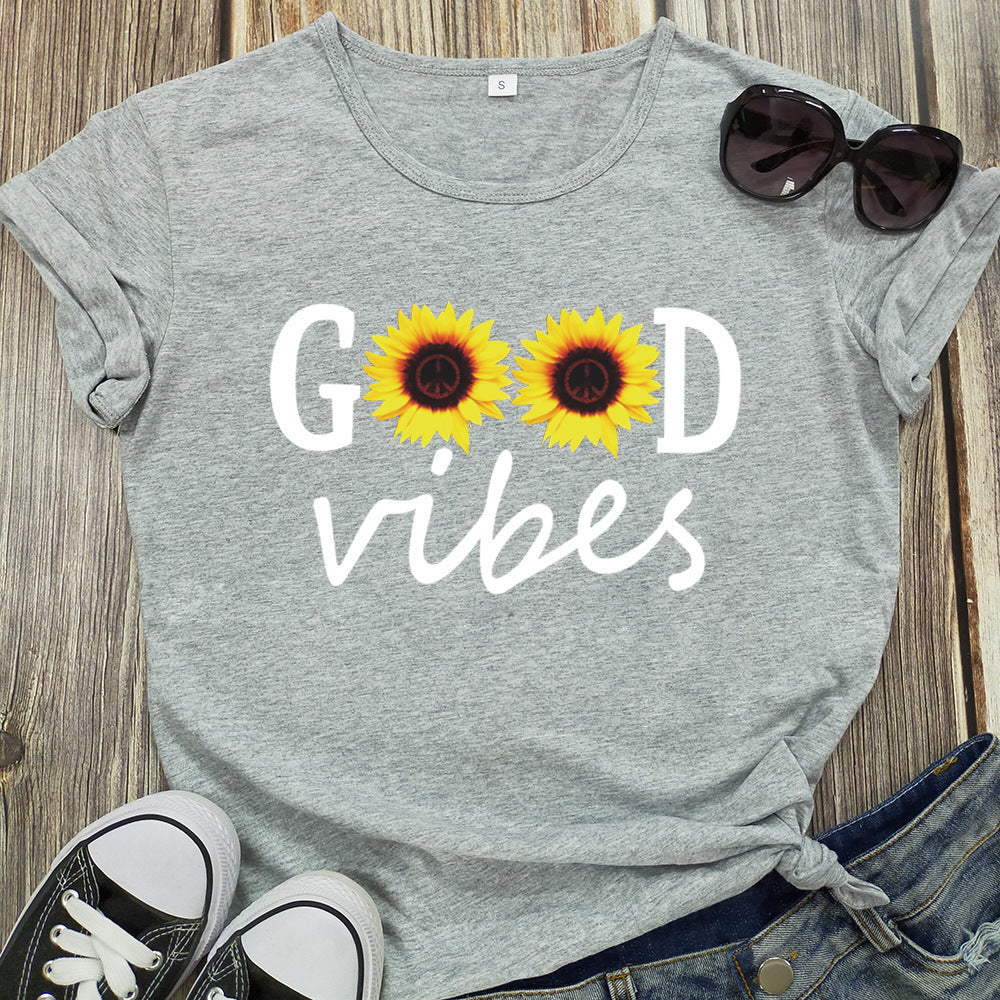 Letter Sunflower Print Ladies Short Sleeve O Neck Loose T Shirt Summer Ladies 🇨🇳