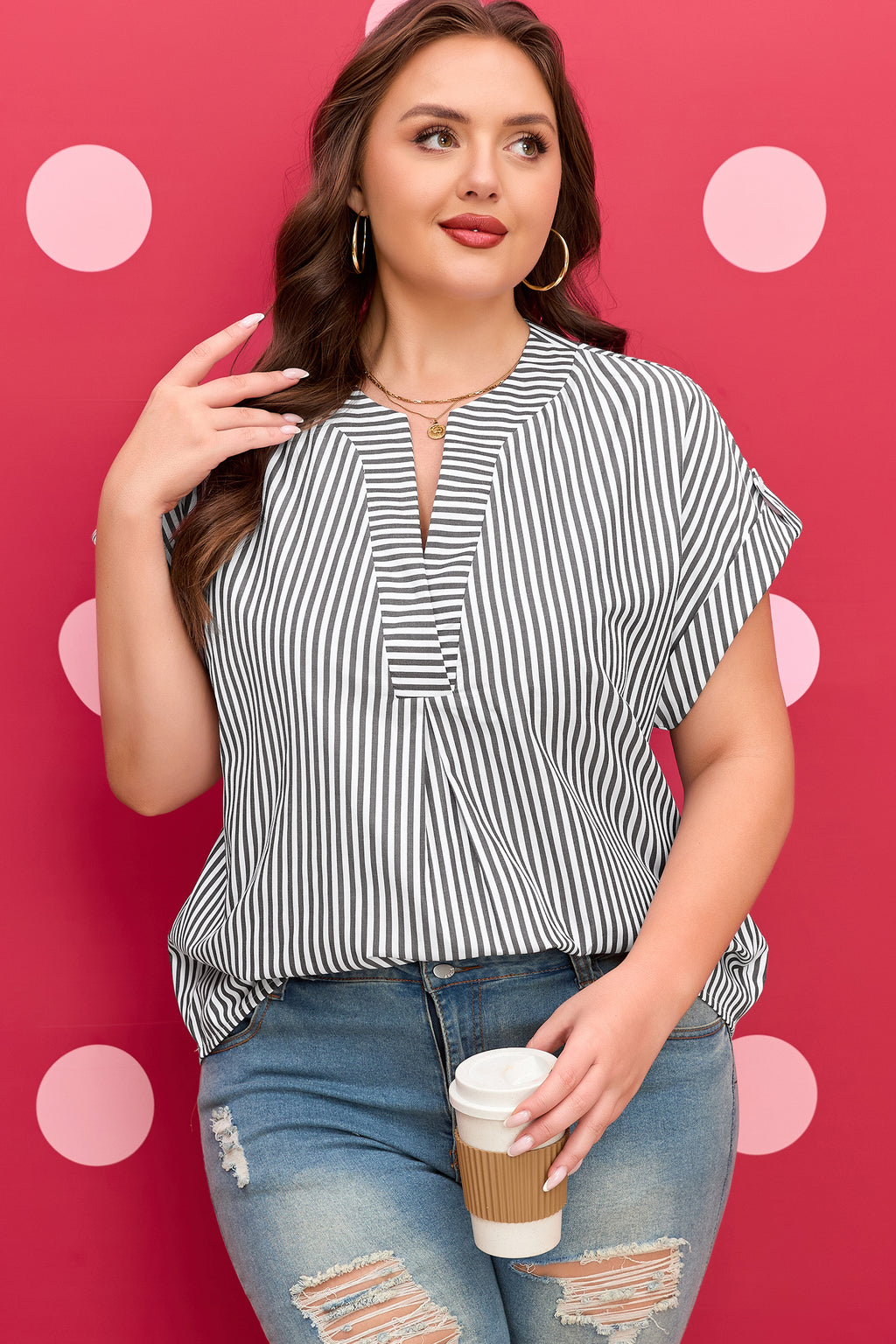 Black Stripe Plus Size V Neck Roll-tab Short Dolman Sleeve Blouse 🇺🇸