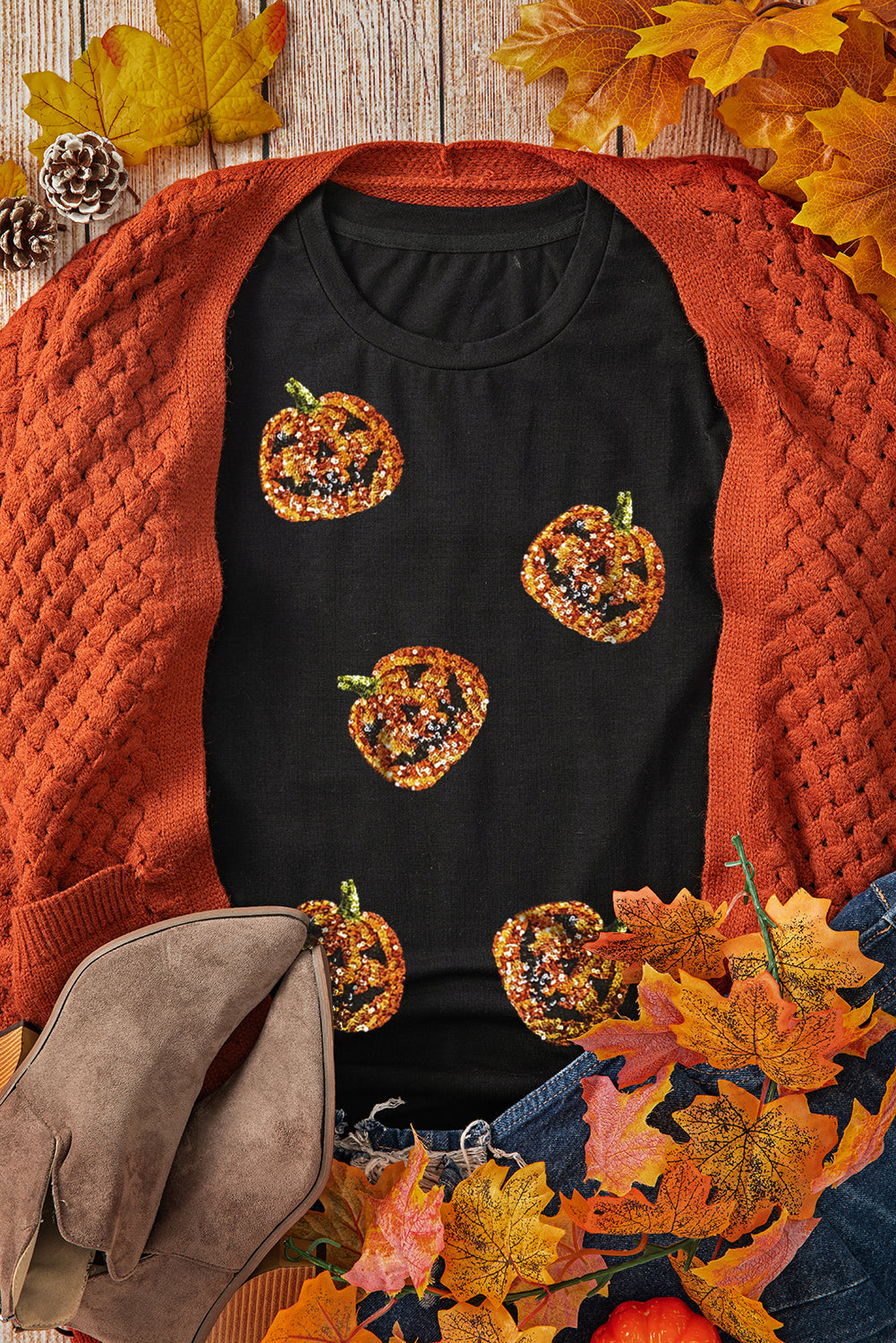 Black Sequin Pumpkin Face Halloween T Shirt 🇺🇸