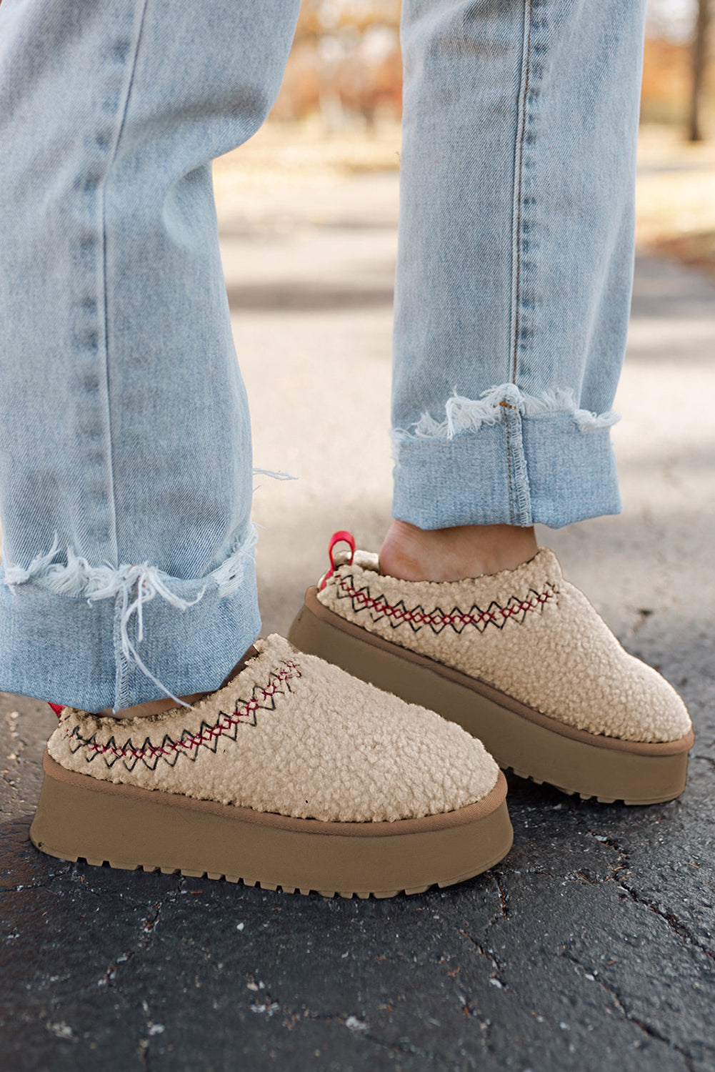 Oatmeal Soft Plush Embroidered Detail Flat Platform Slippers 🇺🇸
