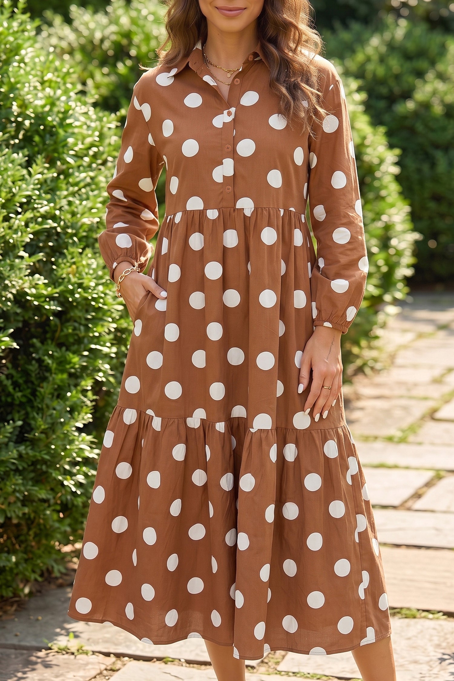 Brown Polka Dot Button Front Long Sleeve Shift Dress 🇺🇸
