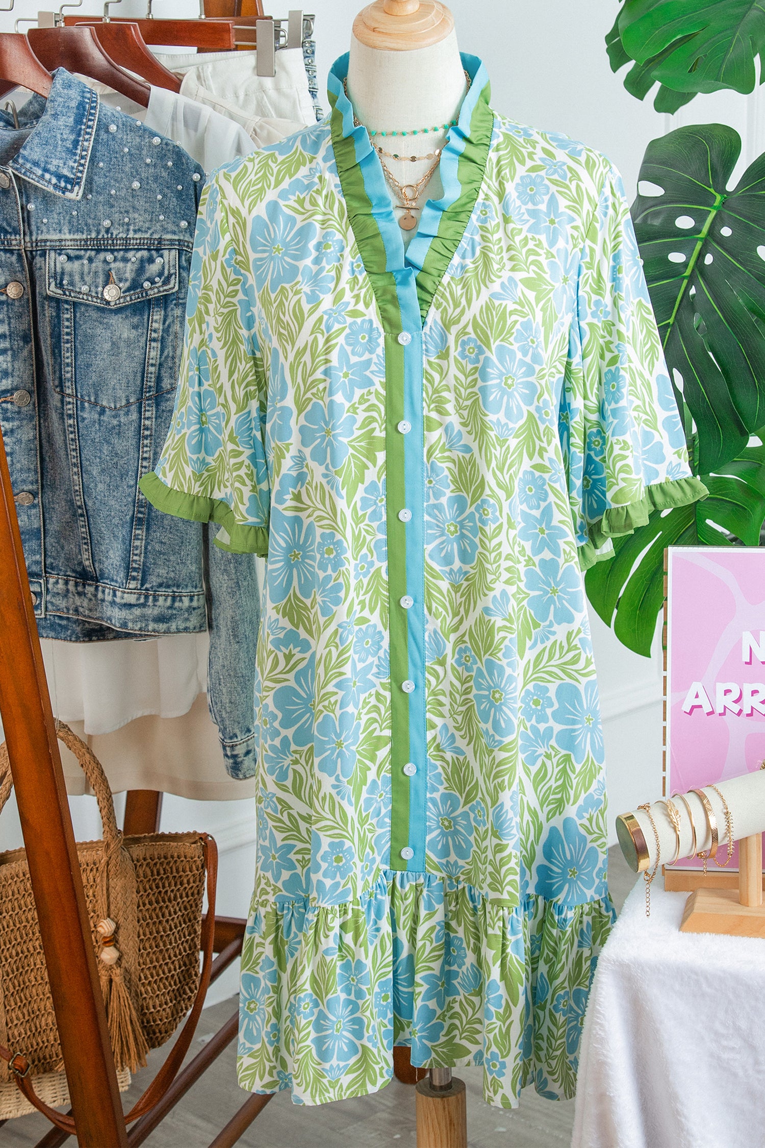 Sky Blue Botanical Floral Print Frilled Trim V Neck Button Front Loose Dress 🇺🇸