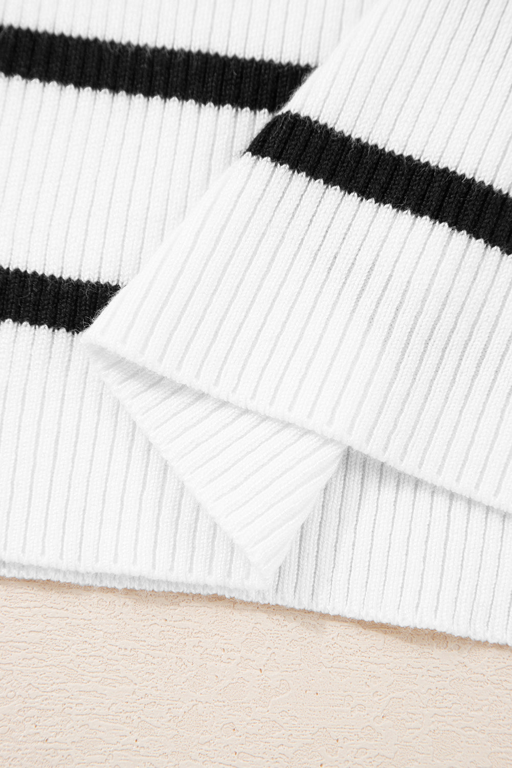 Black white Scalloped Trim U Neck Striped Ribbed Slim Sweater 🇺🇸