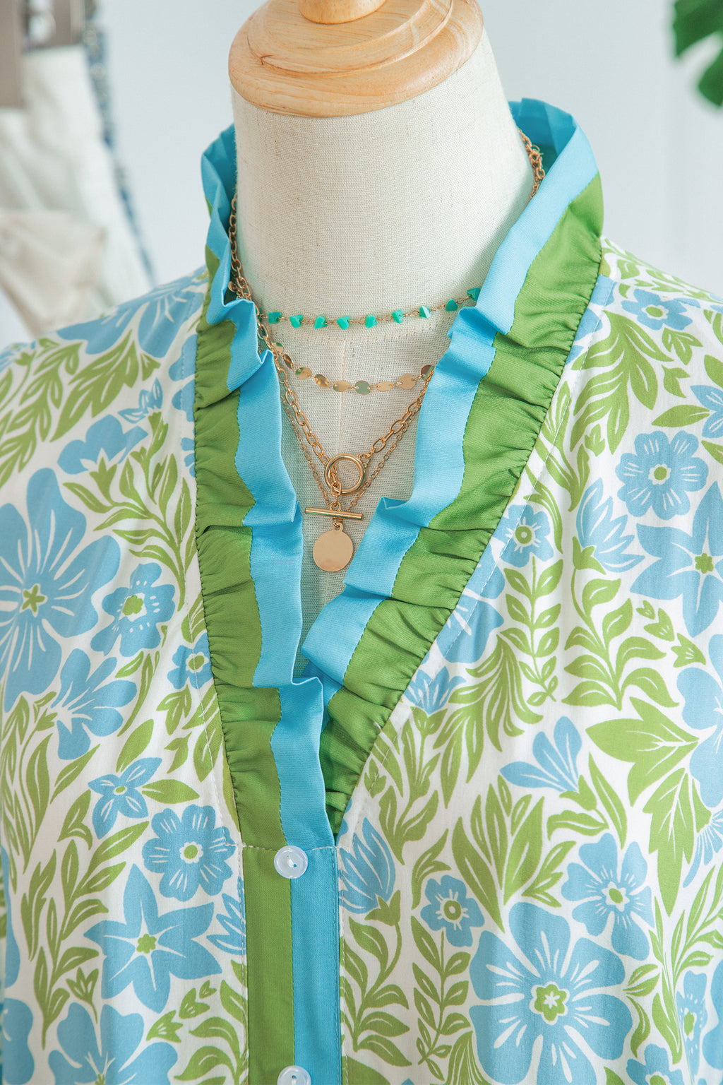 Sky Blue Botanical Floral Print Frilled Trim V Neck Button Front Loose Dress 🇺🇸