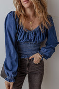 Dark Blue Smocked Ruffled Puff Sleeve V Neck Denim Blouse 🇨🇳