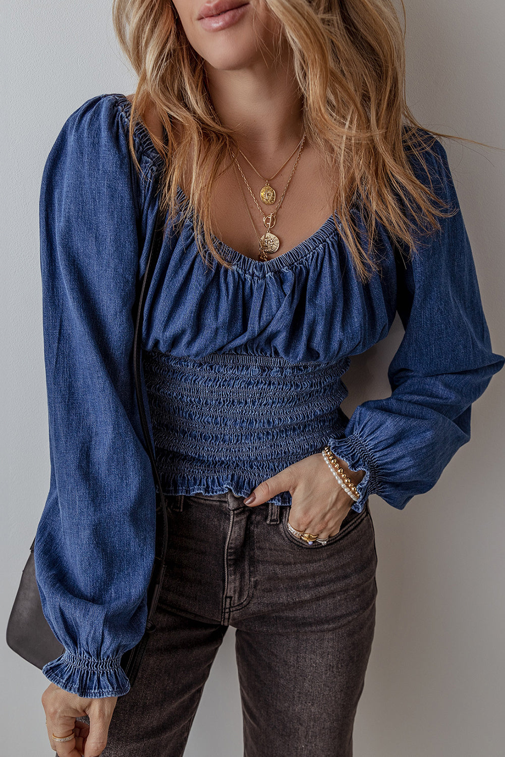 Dark Blue Smocked Ruffled Puff Sleeve V Neck Denim Blouse 🇨🇳