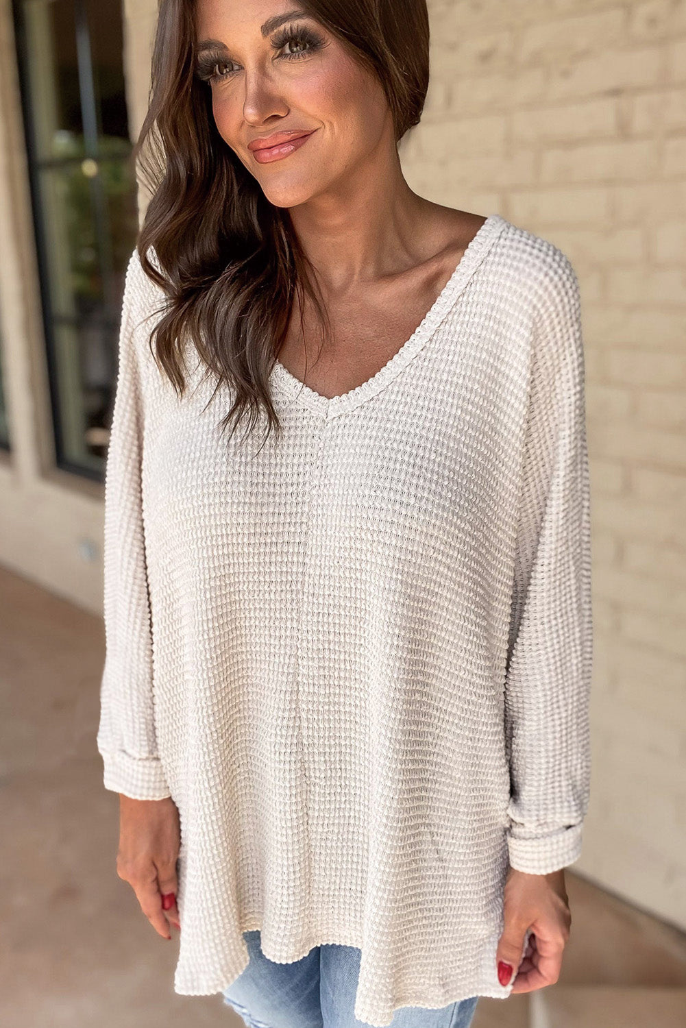 White Waffle Knit Side Slits Loose Fit V Neck Top 🇺🇲