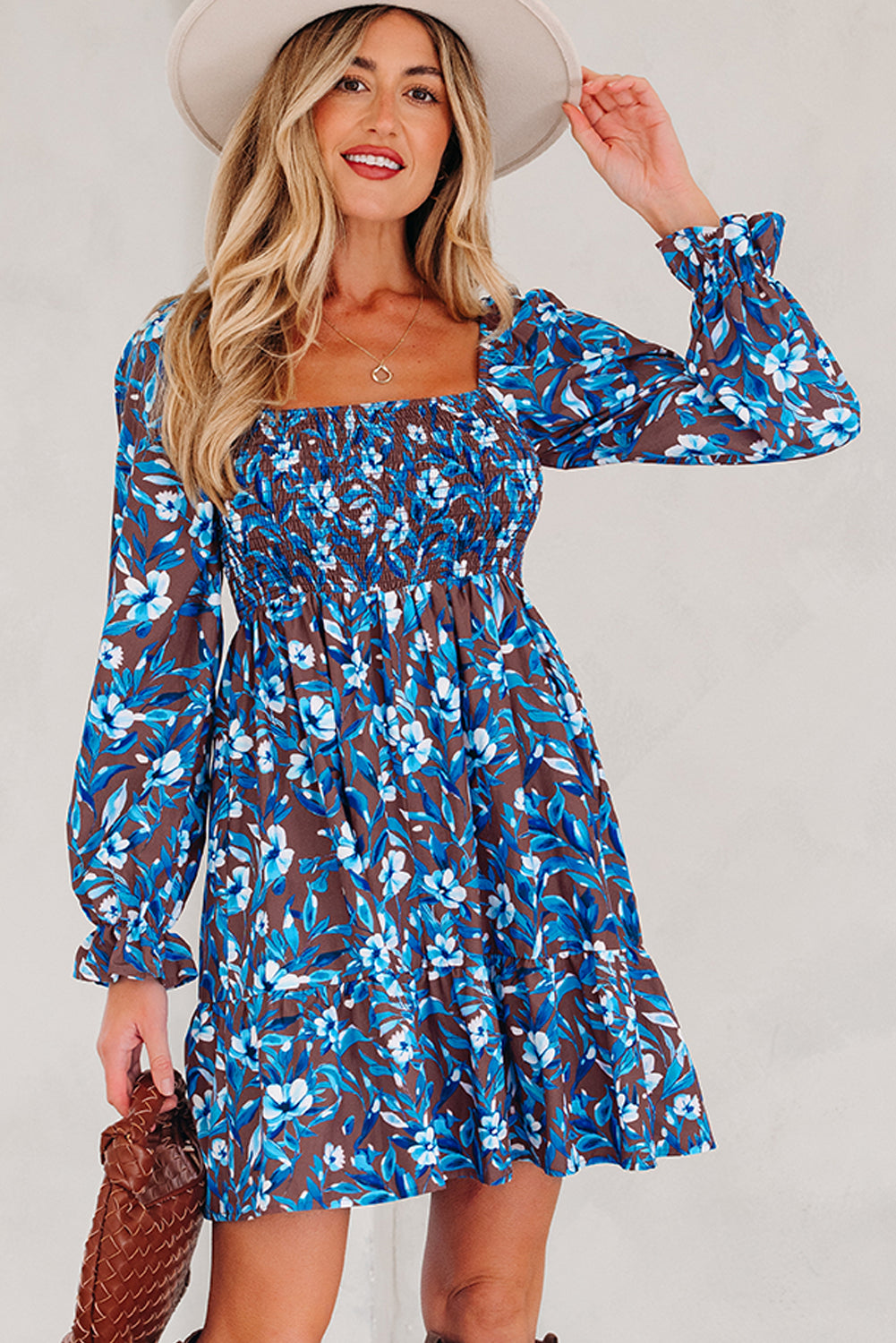 Blue Smocked Bodice High Waist Ruffled Sleeve Floral Dress 🇺🇸