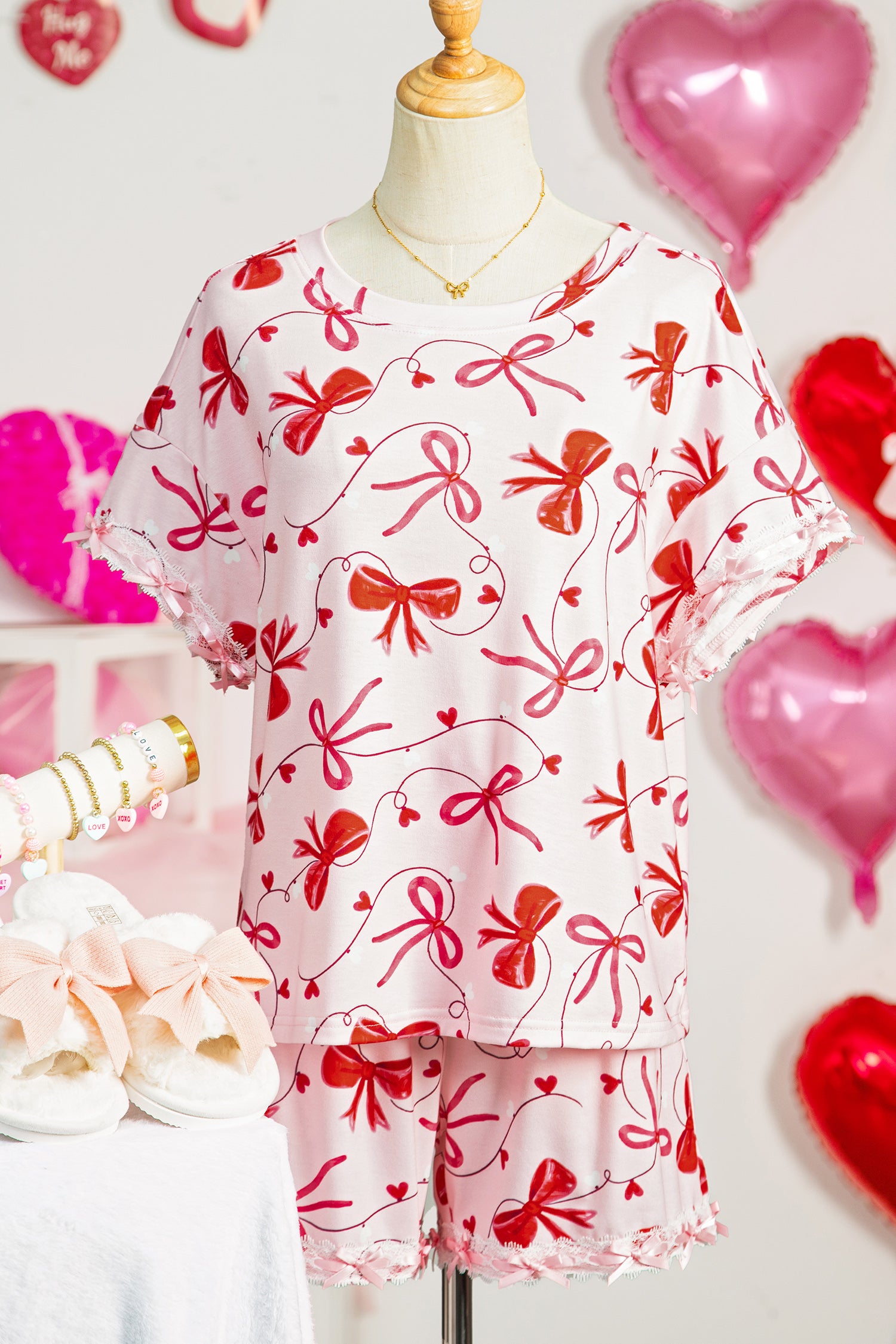 Red Romantic Bow Print Loose Tee Drawstring Shorts 2pcs Lounge Set 🇺🇸