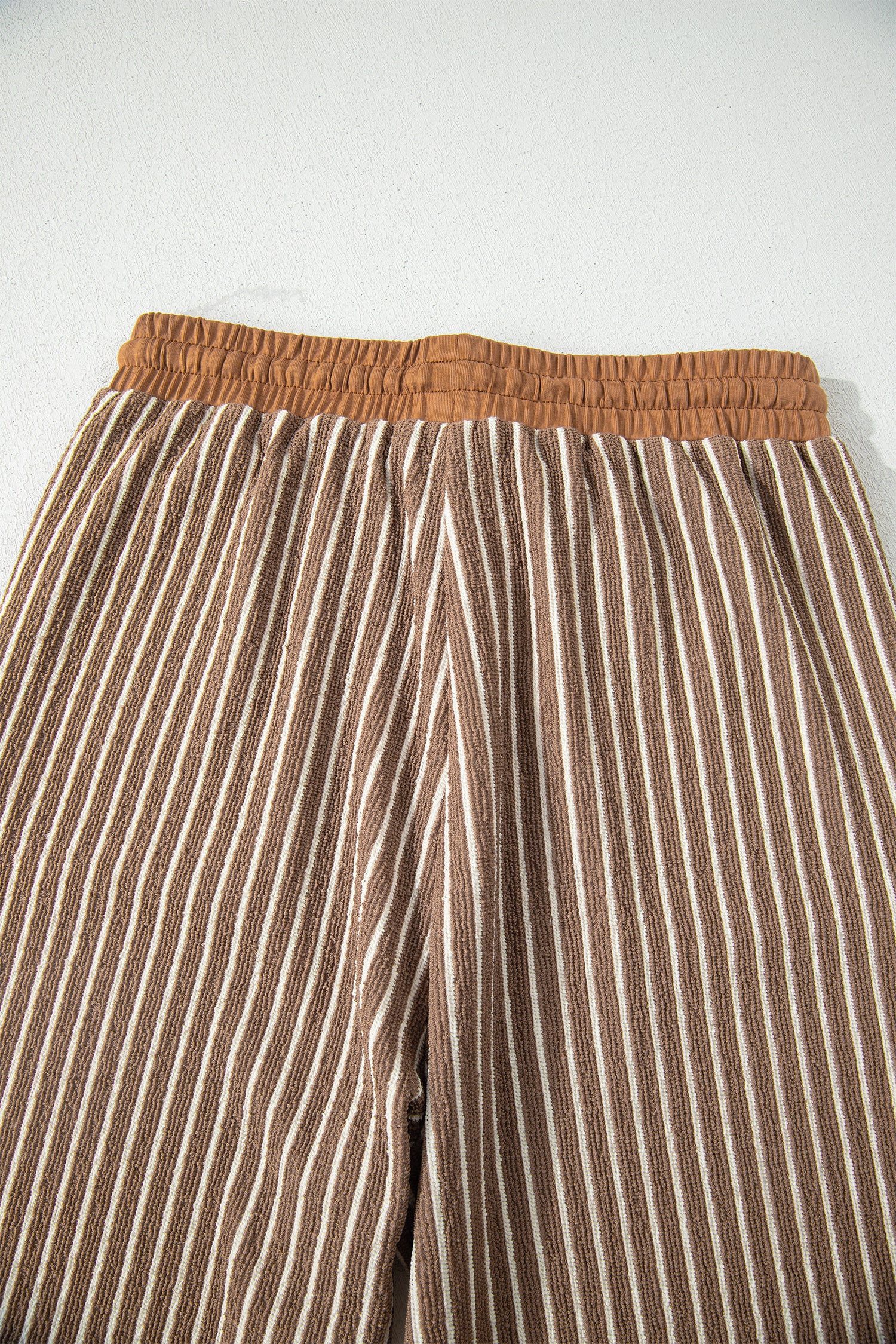 Khaki Stripe Crew Neck Tee Drawstring Waist Cropped Pants Set 🇺🇸