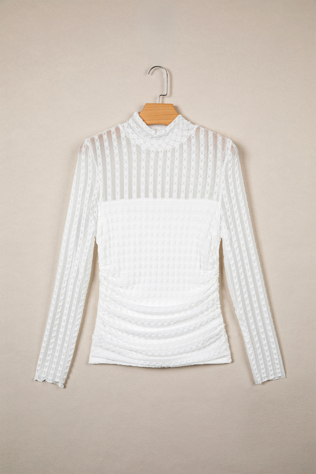 Beige Textured Sheer Lace High Neck Long Sleeve Top 🇺🇸