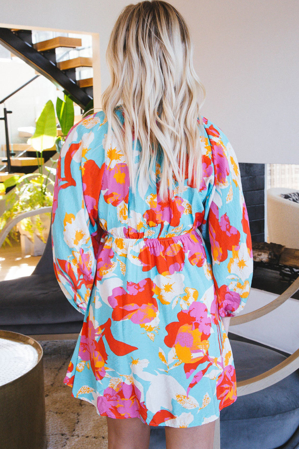 Sky Blue Floral Bracelet Sleeve Empire Waist Mini Dress 🇺🇸