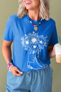 Blue Sunflower Boots Graphic Western Fashion T Shirt 🇺🇲