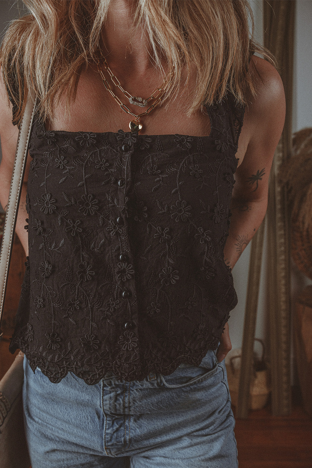 Black Floral Embroidered Buttoned Square Neck Tank Top 🇺🇸