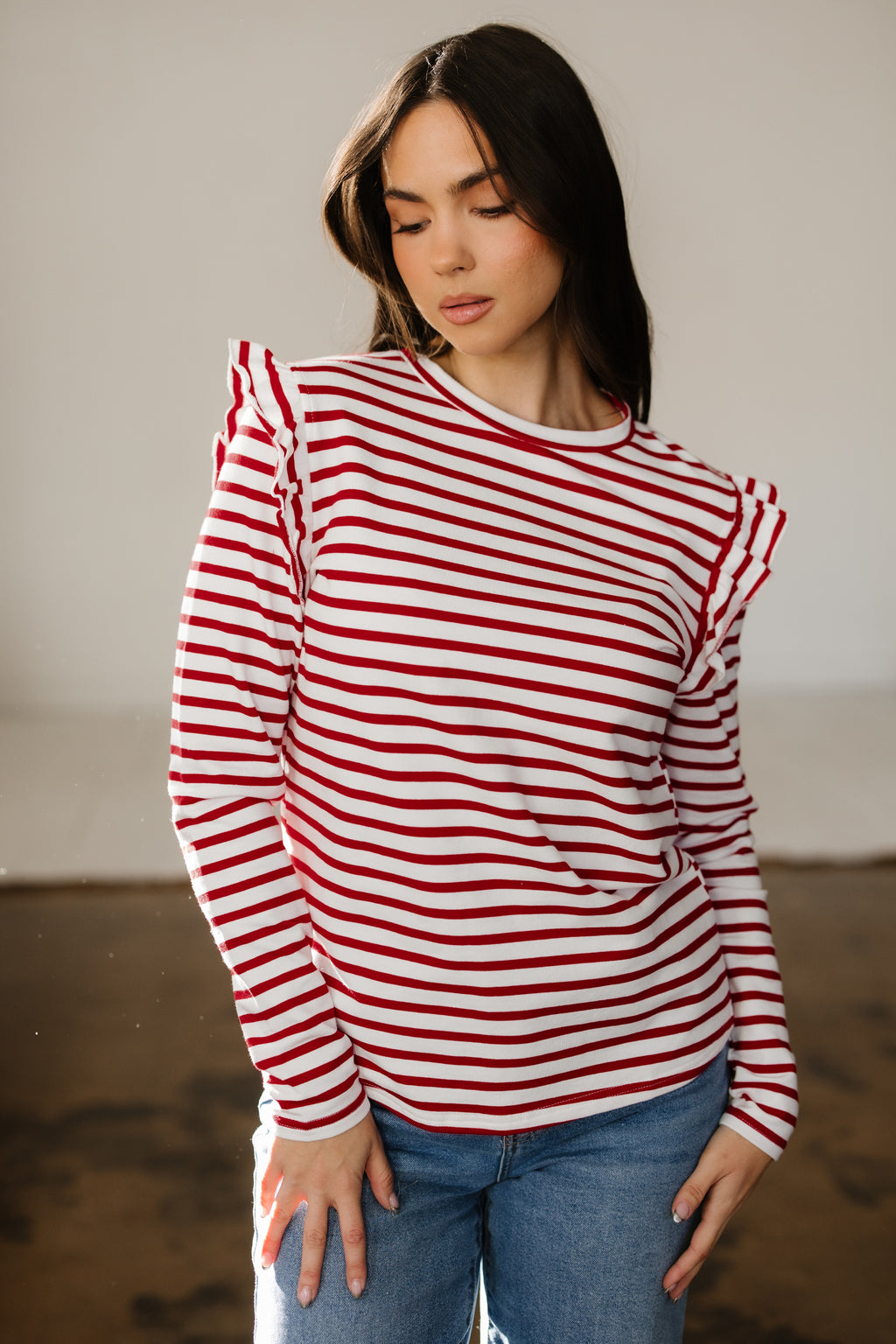 Red Stripe Round Neck Ruffle Trim Long Sleeve Top 🇺🇸