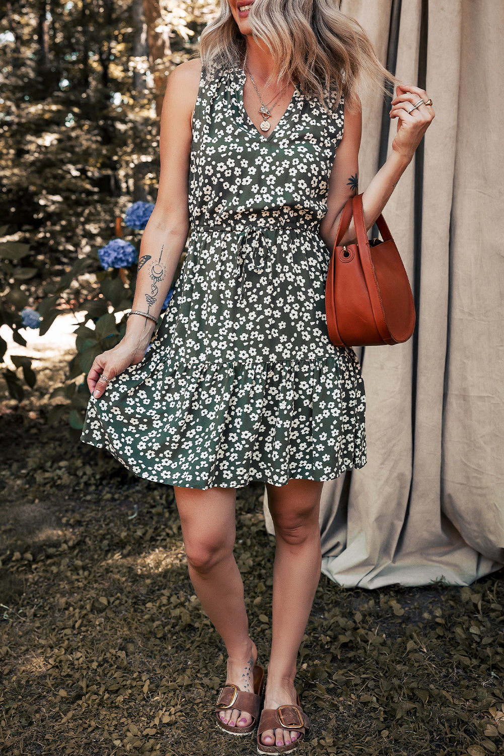 Green Boho Floral Print V Neck Tunic Sleeveless Dress 🇨🇳
