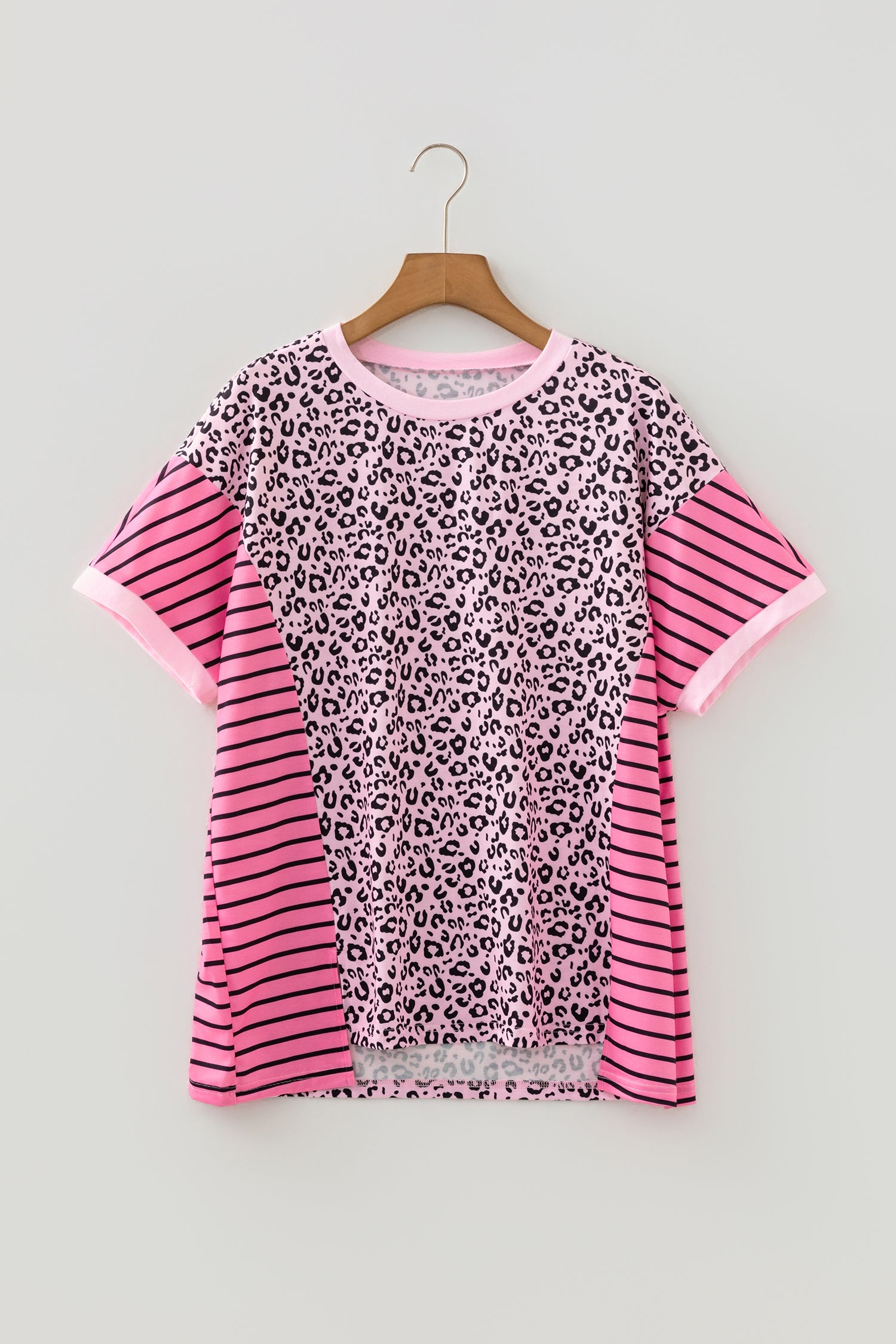 Pink Leopard Striped Patchwork Side Slit Loose Short Sleeve Top 🇺🇸