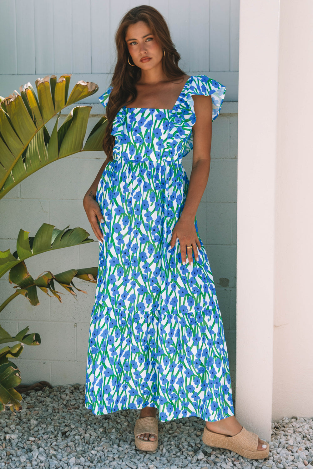 Blue Floral Print Square Neck Ruffled Strap Maxi Dress 🇨🇳