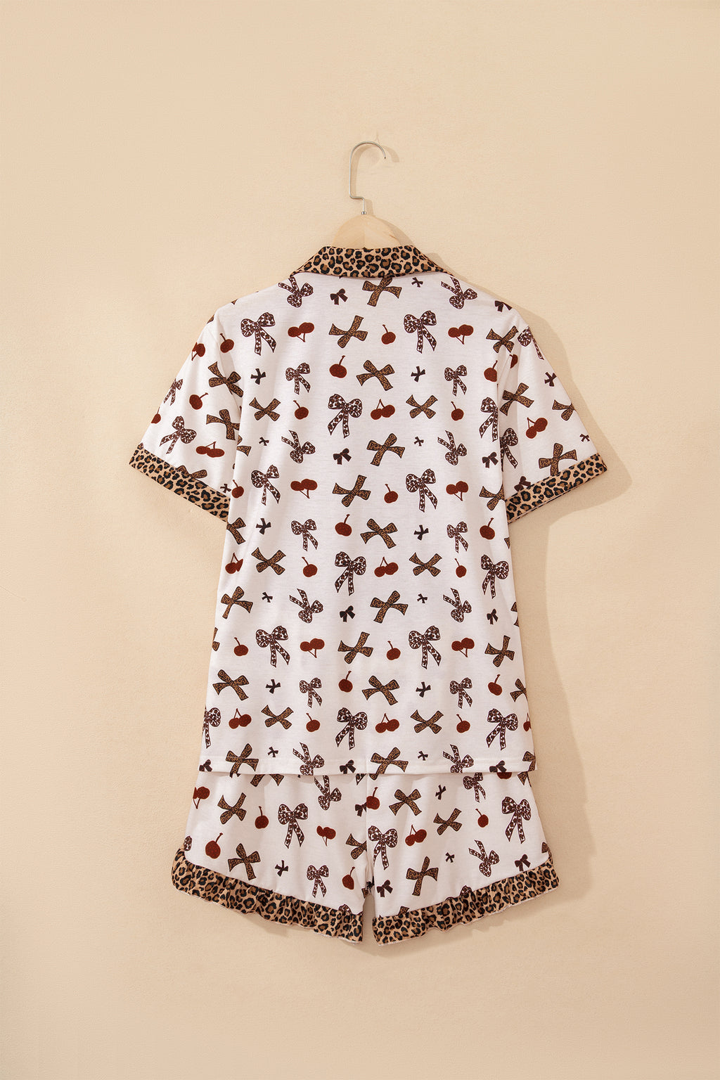 White Chic Bow Cherry Printed Leopard Contrast Patchwork Shirt Drawstring Shorts 2pcs PJ Set 🇺🇸