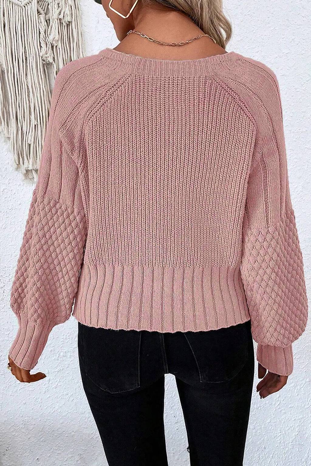 Light Pink Mixed Texture Knit Button V Neck Sweater Cardigan 🇺🇸