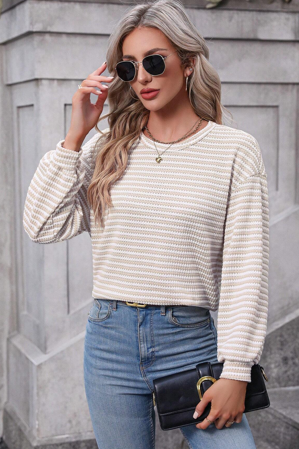 Khaki Stripe Round Neck Drop Shoulder Long Sleeve Top 🇺🇲