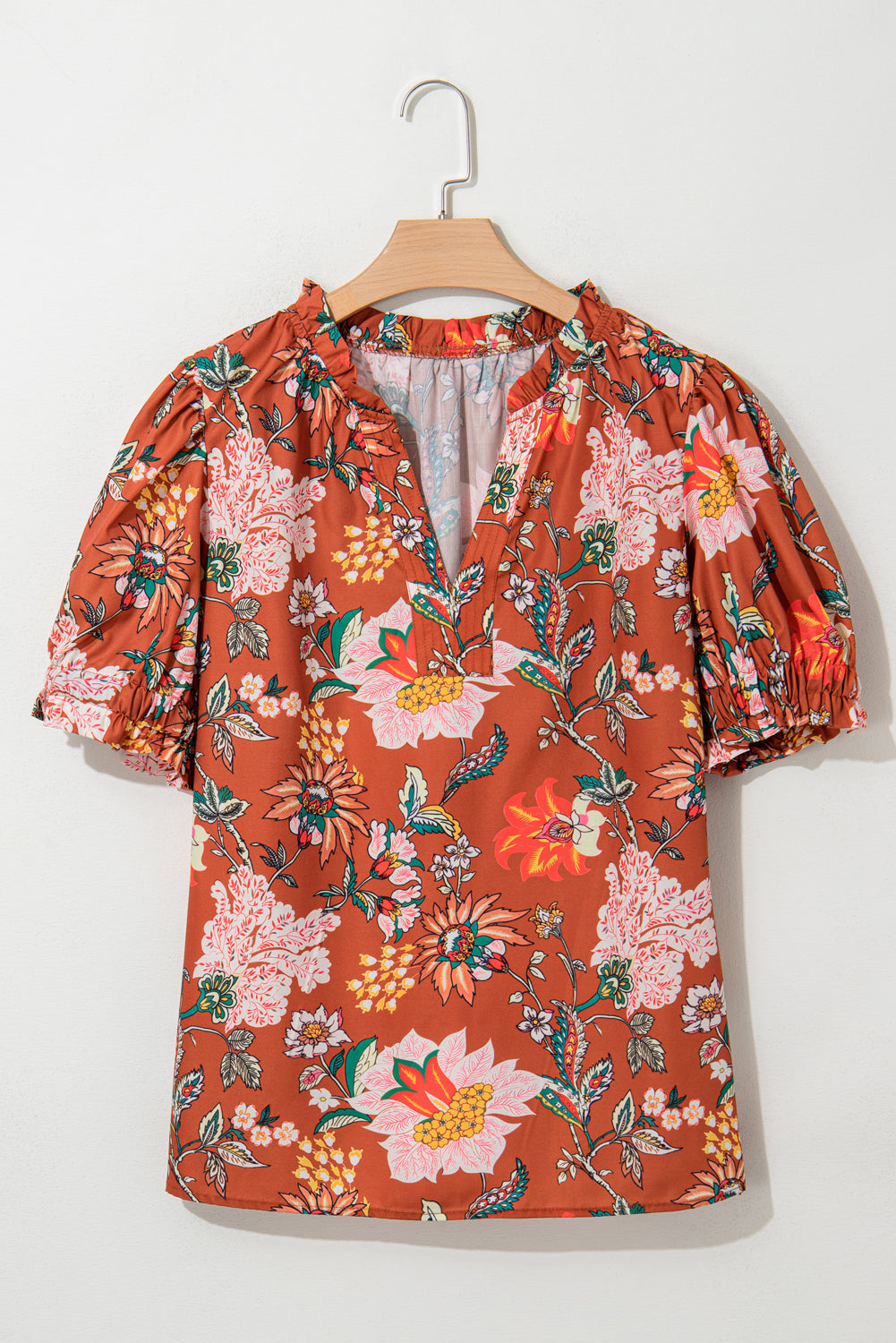 Brown Floral Stitched V Neck Frilled Trim Puff Short Sleeve Blouse 🇨🇳
