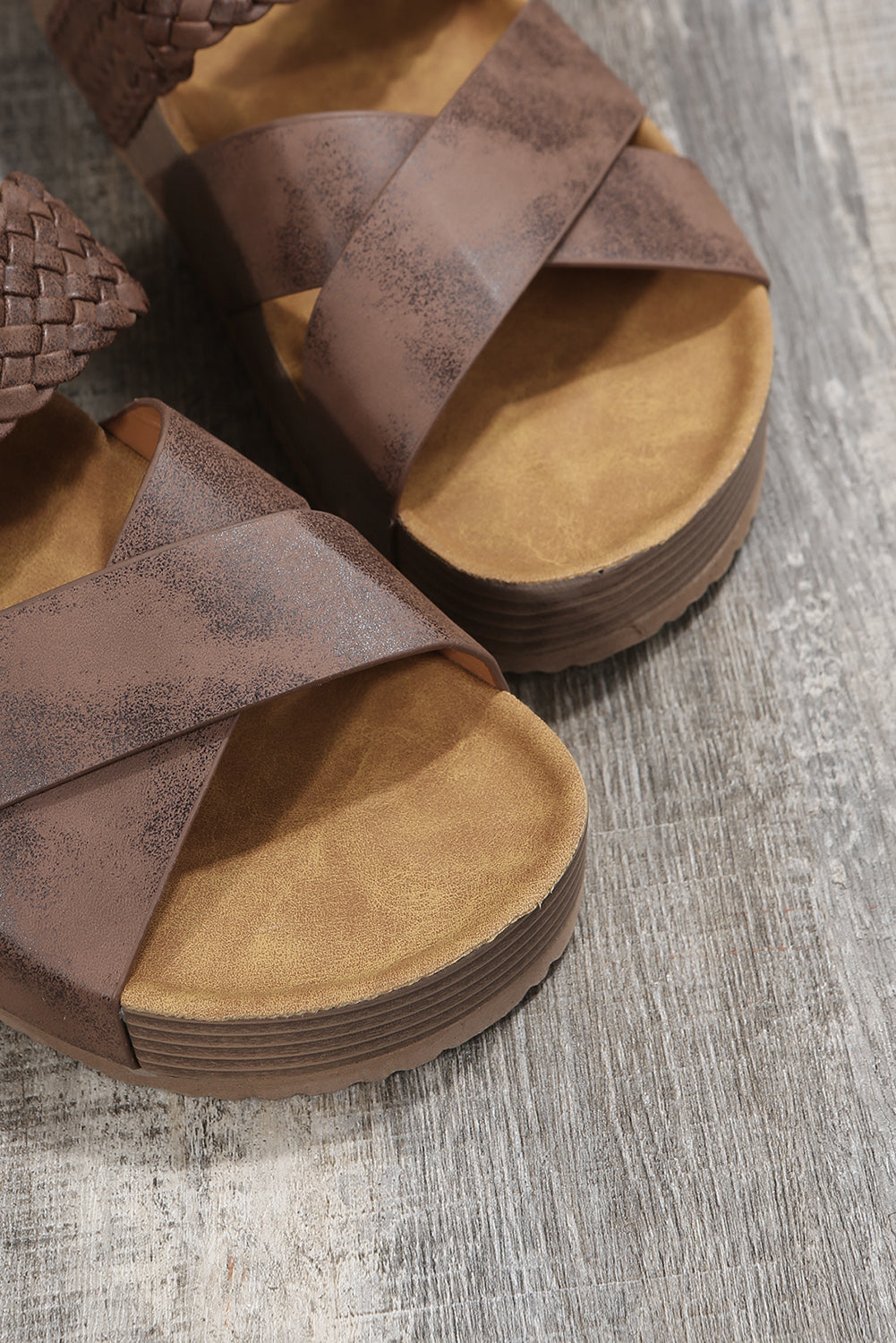 Brown Braided Detail Criss Cross Platform Slippers 🇨🇳