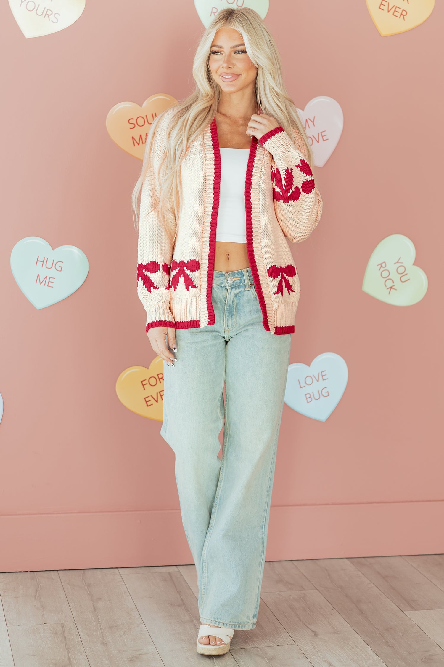 Apricot Bow Pattern Textured Open Front Baggy Cardigan 🇺🇸