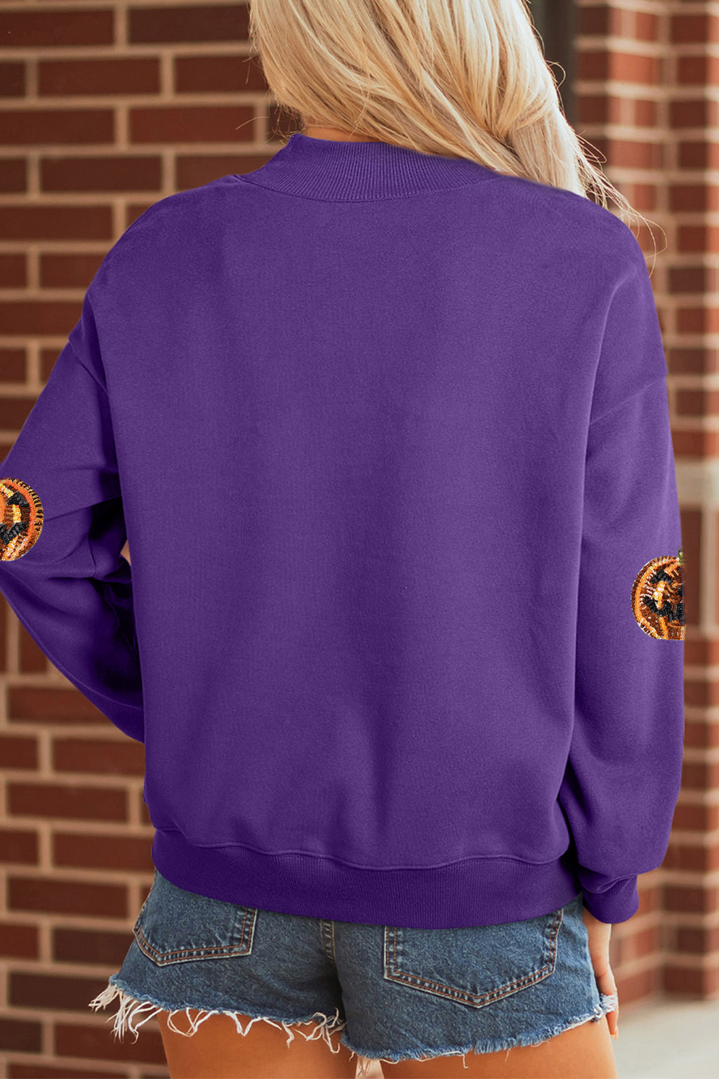 Tillandsia Purple Sequin Pumpkin Spooky Graphic Halloween Pullover Sweatshirt 🇺🇸