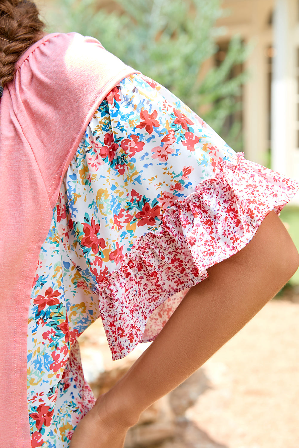 Pink Plus Size Floral Patchwork Ruffled Short Sleeve Blouse 🇨🇳