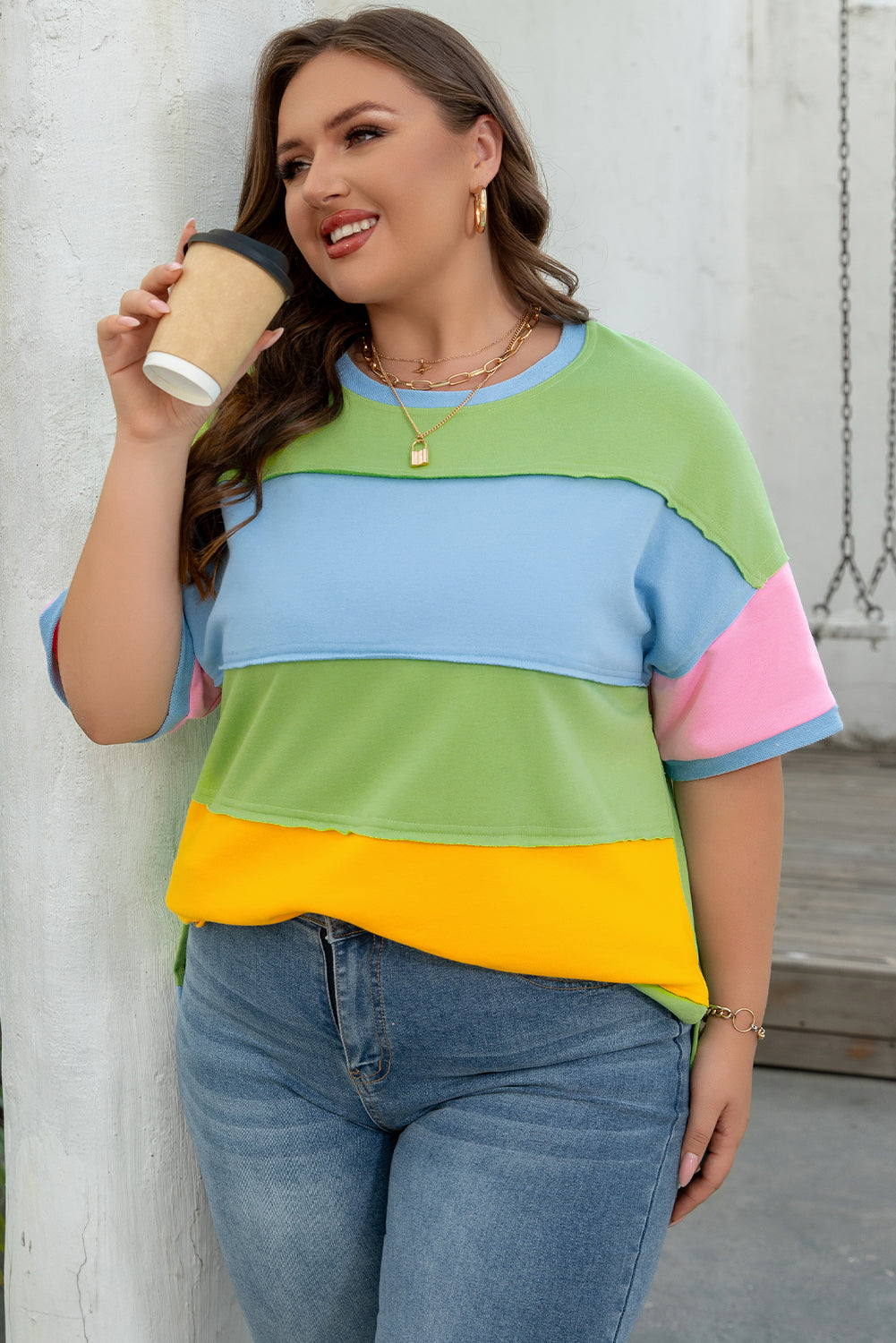 Light Blue Color Block Exposed Seam Patchwork Plus Size T Shirt 🇨🇳