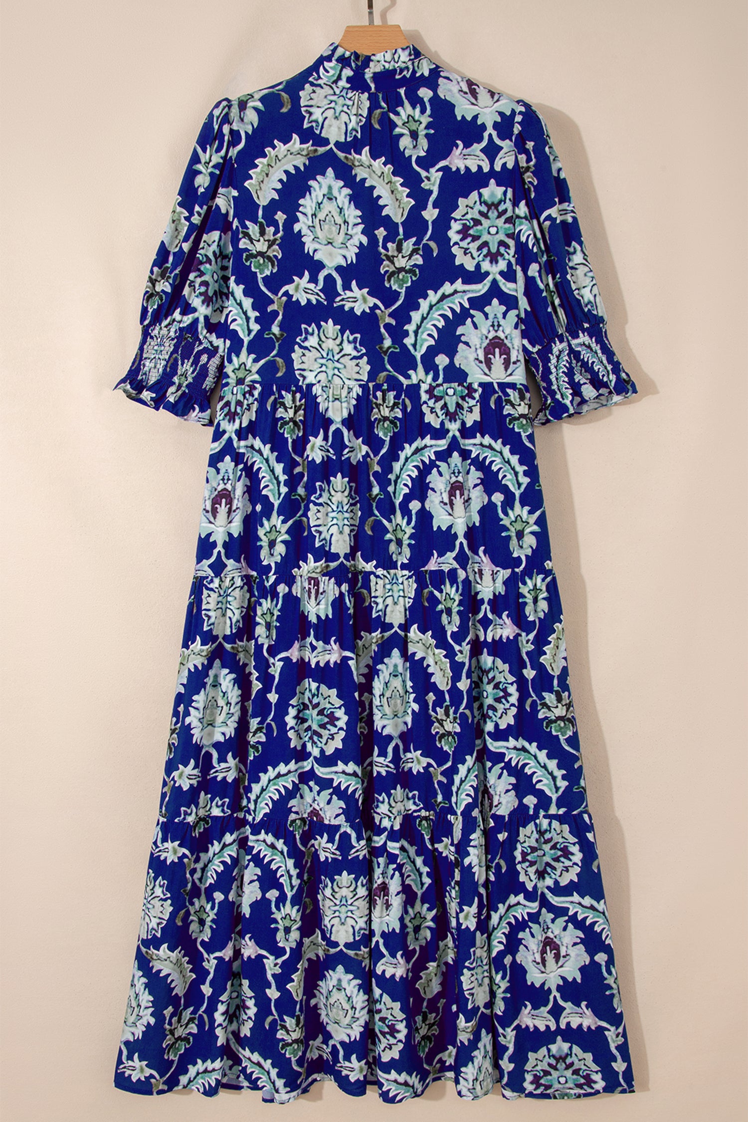 Blue Wild Floral Print Frilled Collar Half Sleeve Long Dress 🇺🇸