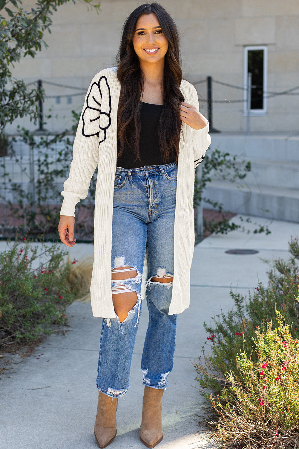 Beige Flower Embroidered Drop Shoulder Open Front Duster Cardigan 🇨🇳