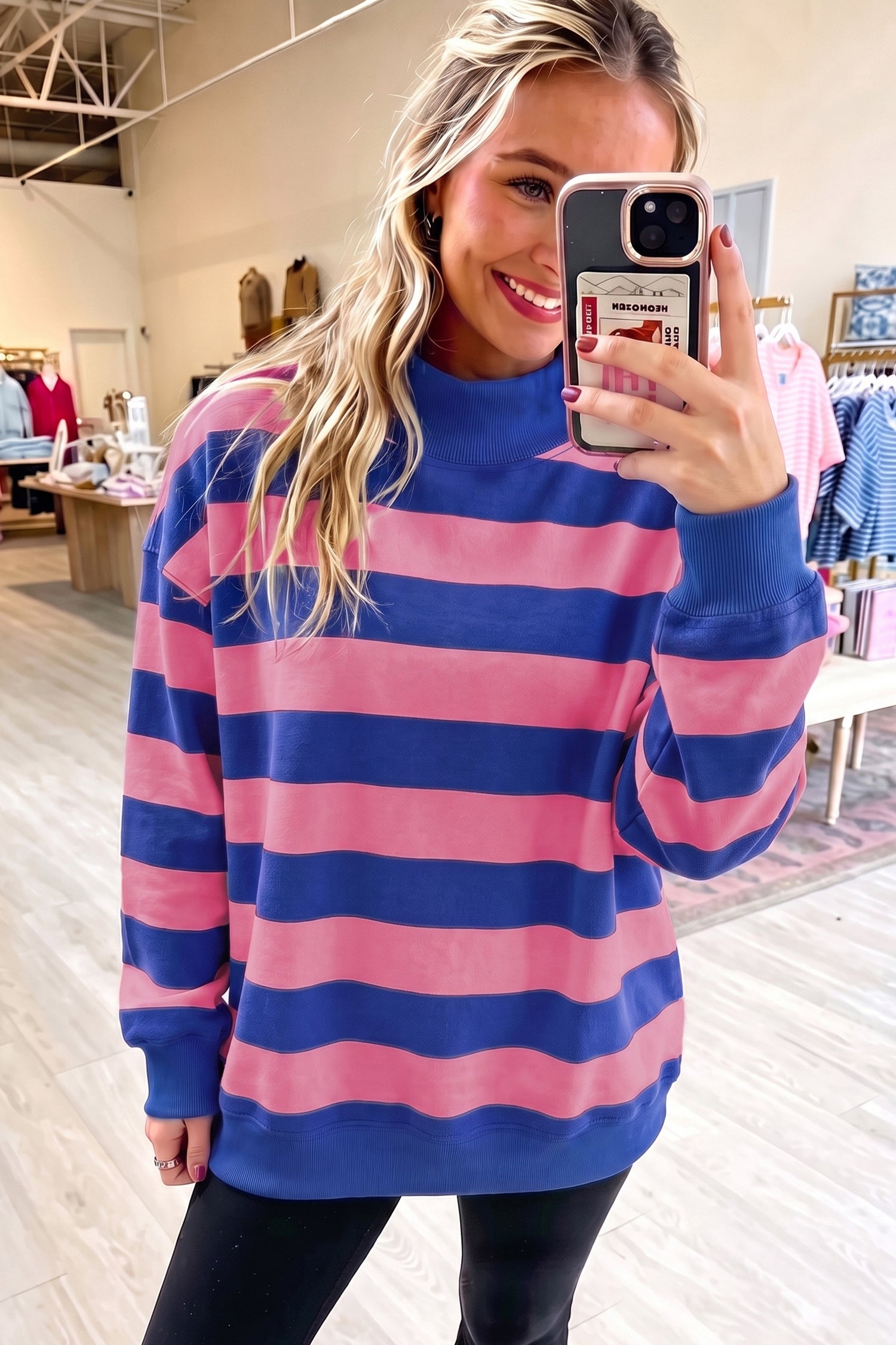 Blue Stripe Colorblock Mock Neck Relaxed Sweatshirt 🇺🇸