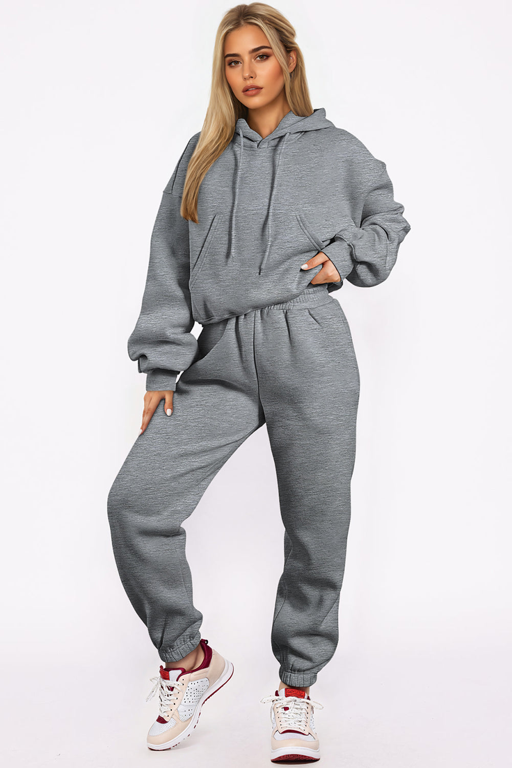 Grey Solid Drop Shoulder Hoodie and Joggers Activewear Set 🇺🇲