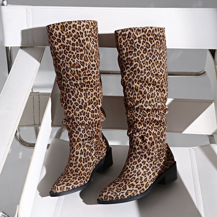 Fashion Square Toe Chunky Heel High Heel Leopard Print Boots 🇨🇳